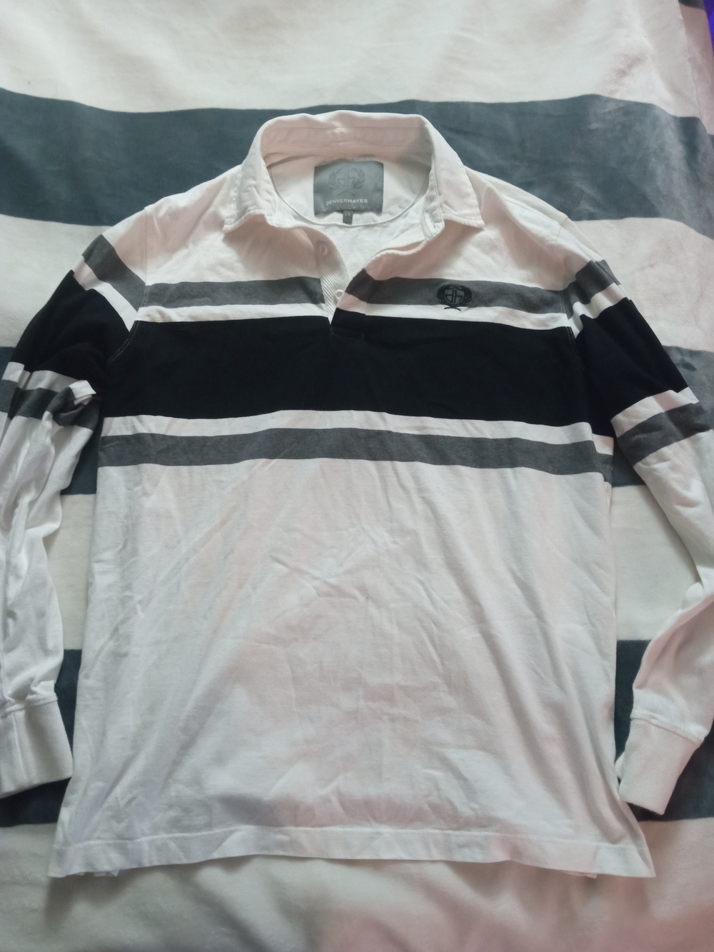 Denver Hayes Long-Sleeve Striped Rugby Polo - White, Black, Gray